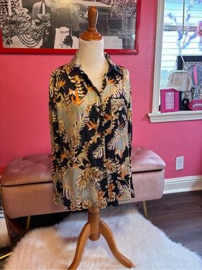 Free People Black Tropical Leaf Print Button-Up Blouse Small